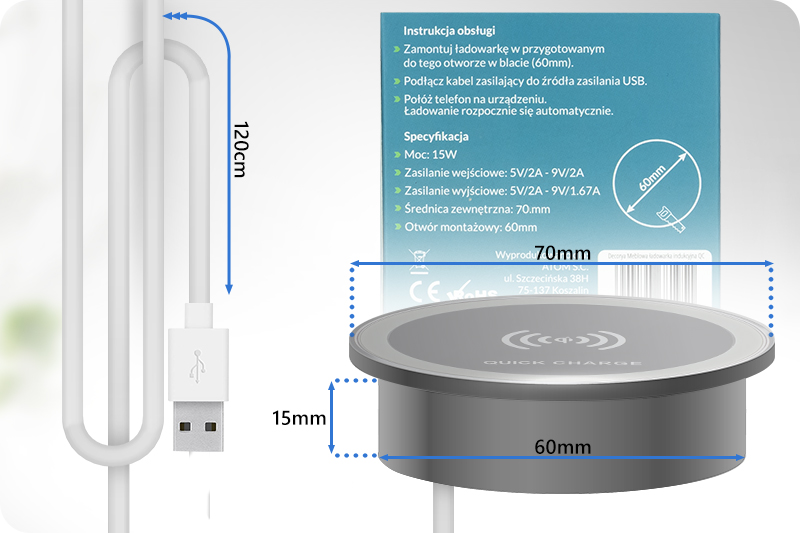Ładowarka indukcyjna meblowa 2A 15W QuickCharge