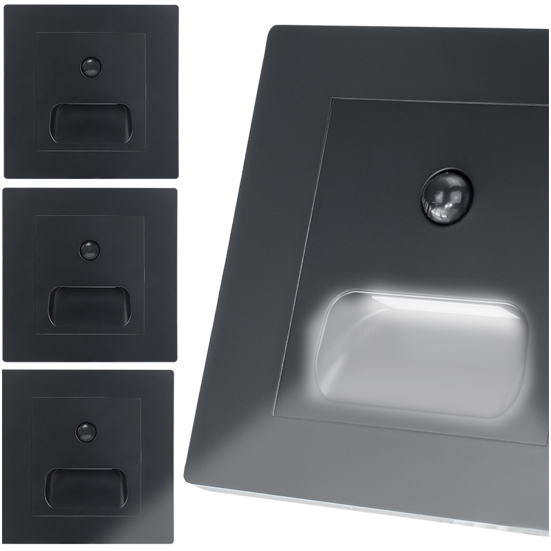 Oprawa schodowa LED Decorya Q11 z czujnikiem ruchu i zmierzchu 1W 4000K IP20 - czarna - 3 szt.