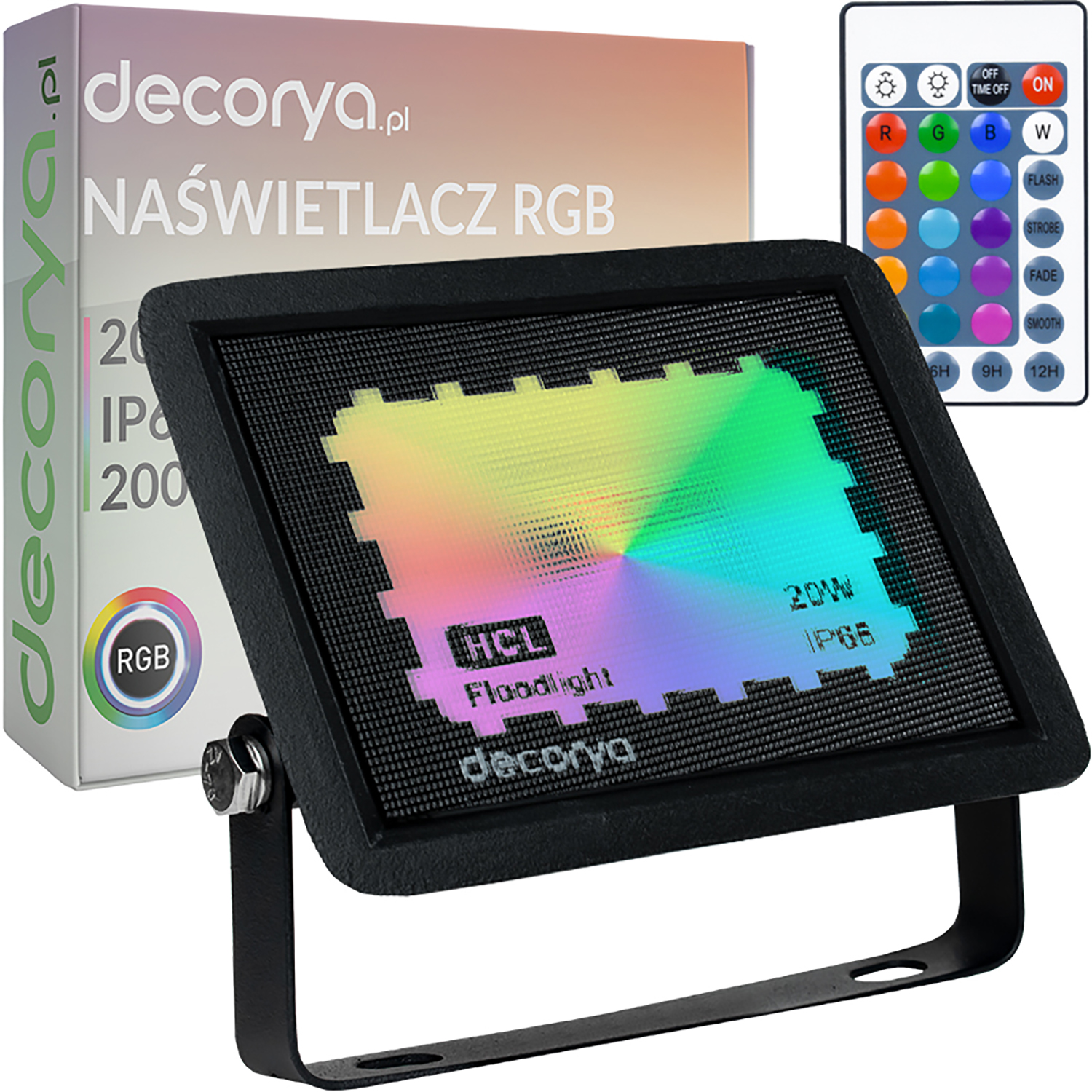 DECNASRGB_20W_min01 Naświetlacz reflektor LED Decorya RGB 20W 2400lm IP66 z pilotem