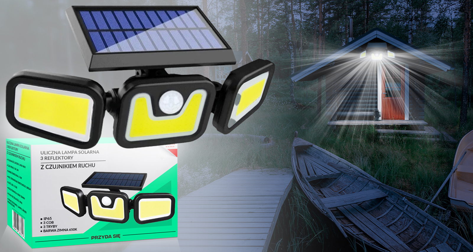 Naświetlacz solarny LED potrójny 3W IP65 z czujnikiem ruchu i zmierzchu