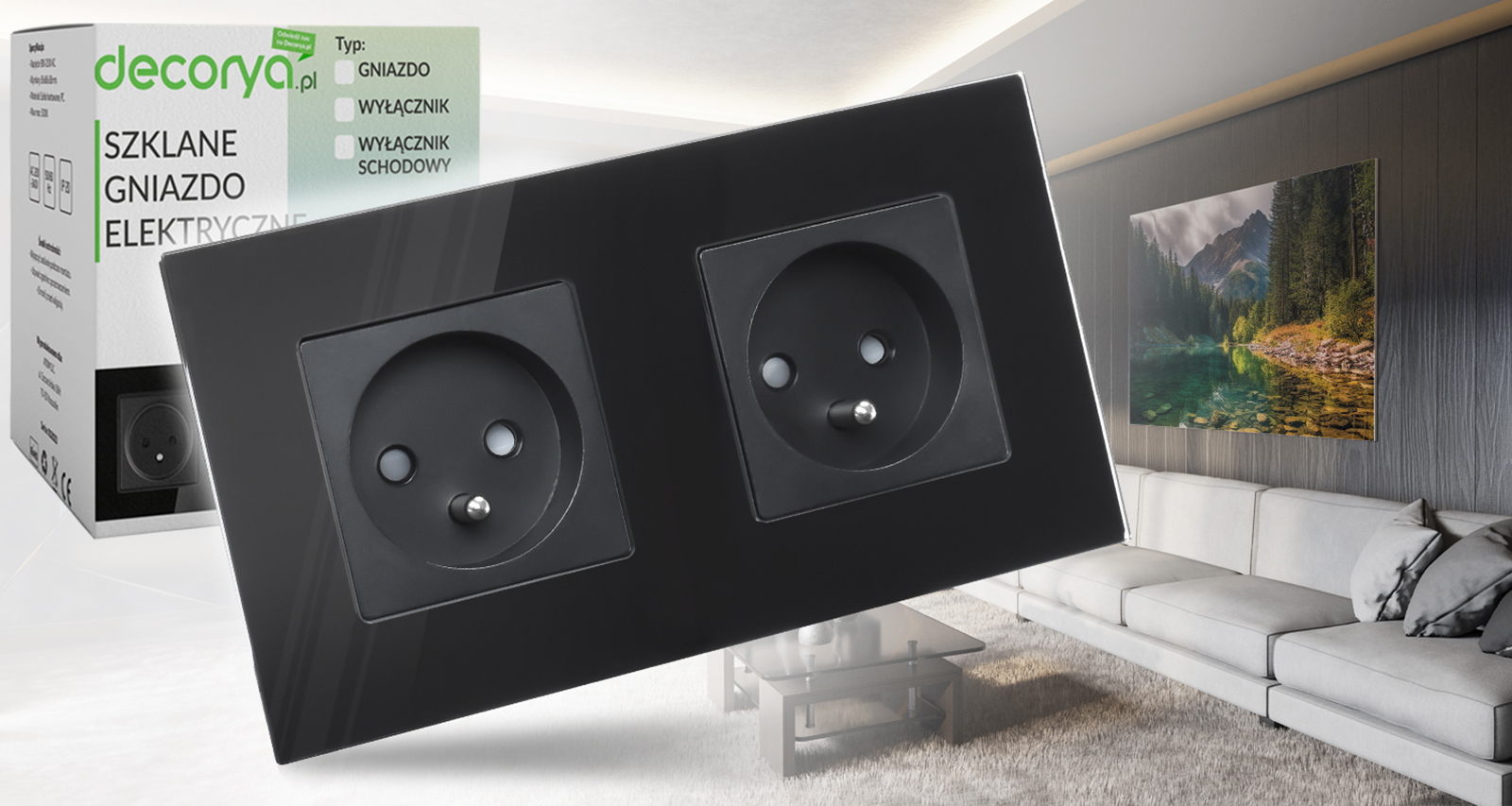 Gniazdo elektryczne szklane podwójne natynkowe 230V - czarne