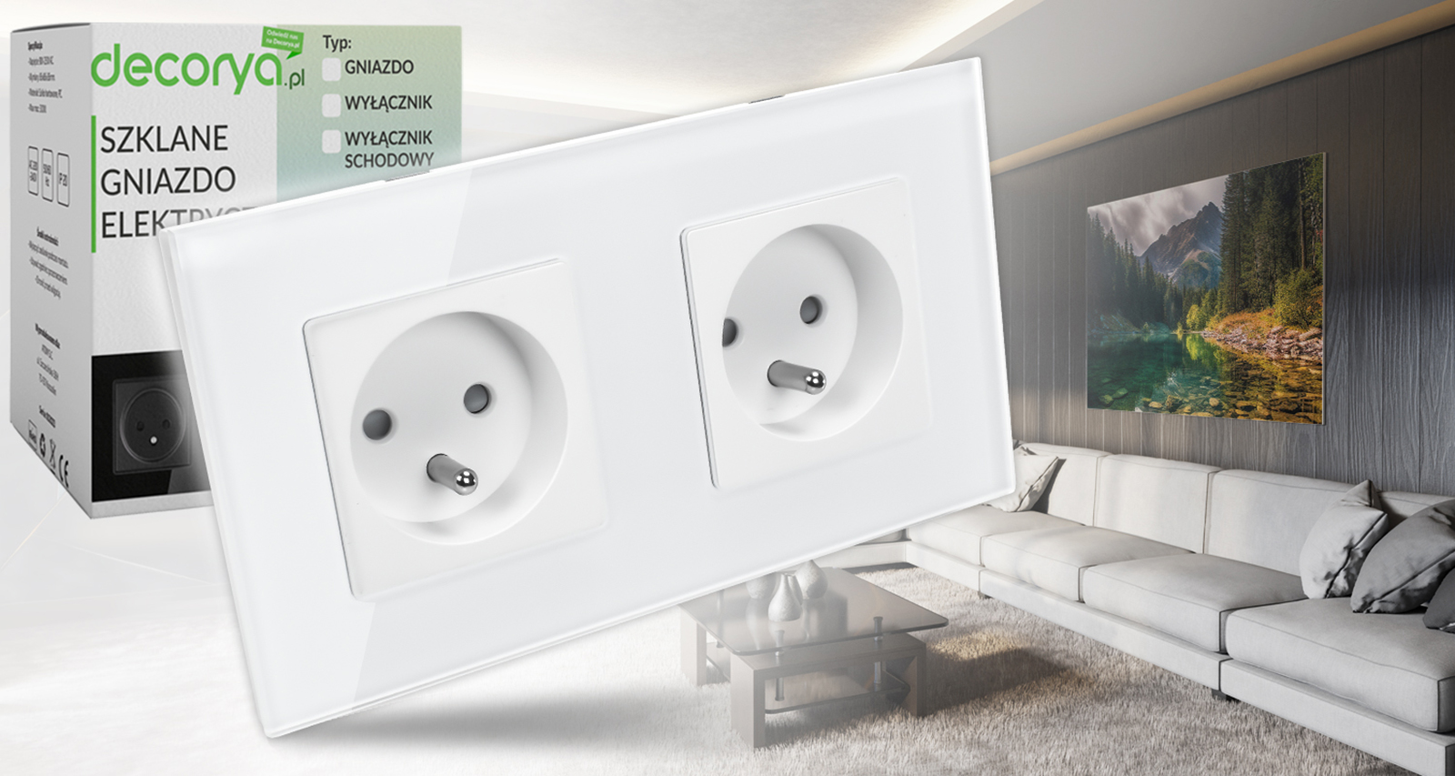 Gniazdo elektryczne szklane podwójne natynkowe 230V - białe