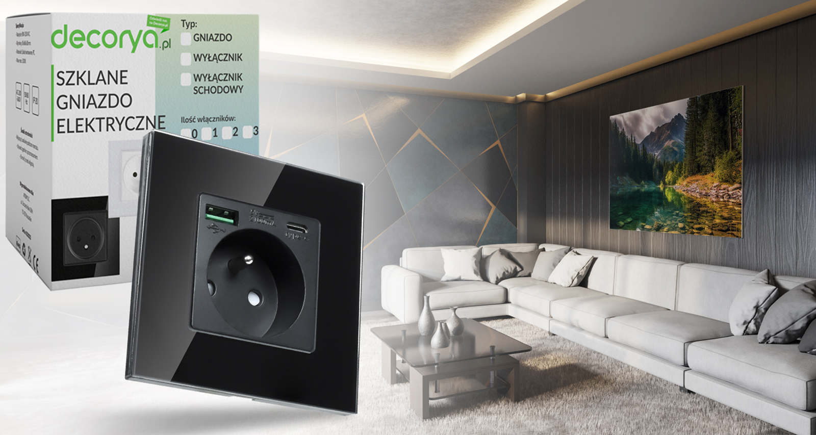 Gniazdo elektryczne szklane natynkowe 230V z 2xUSB - czarne