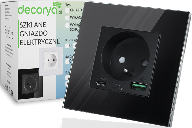 Gniazdo elektryczne szklane natynkowe 230V z 2xUSB - czarne