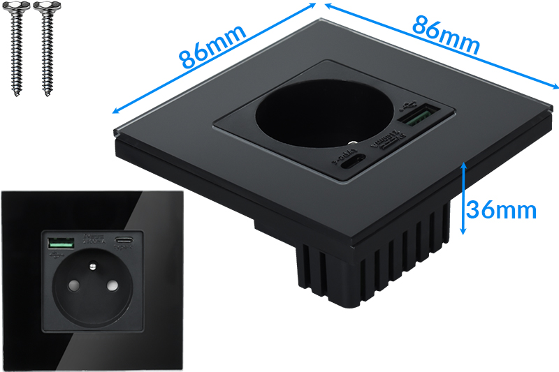 Gniazdo elektryczne szklane natynkowe 230V z 2xUSB - czarne