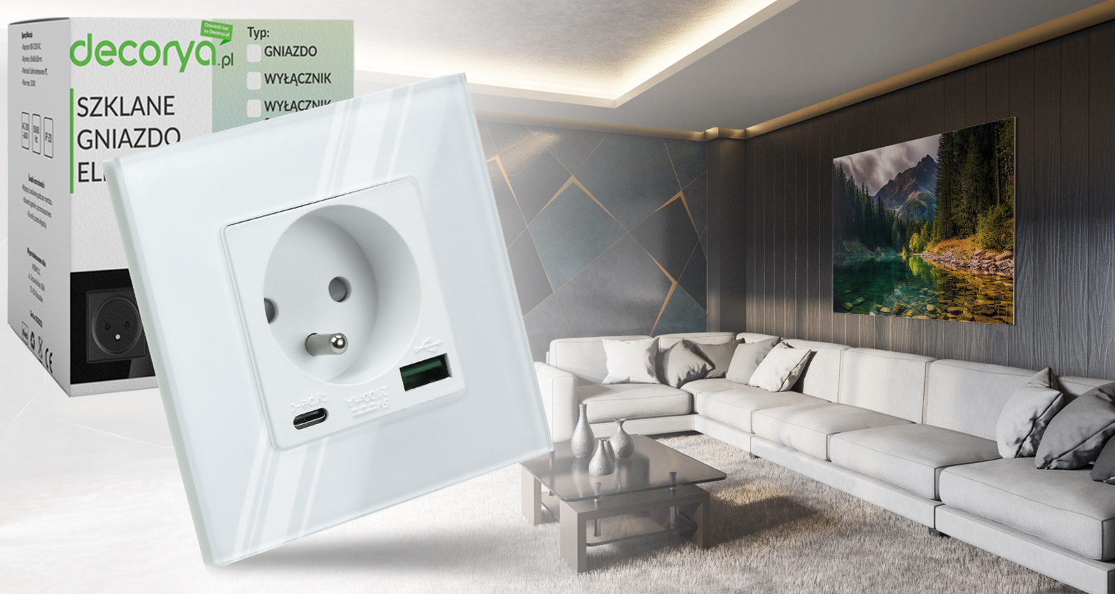 Gniazdo elektryczne szklane natynkowe 230V z 2xUSB - białe