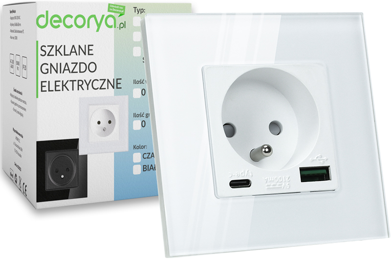 Gniazdo elektryczne szklane natynkowe 230V z 2xUSB - białe