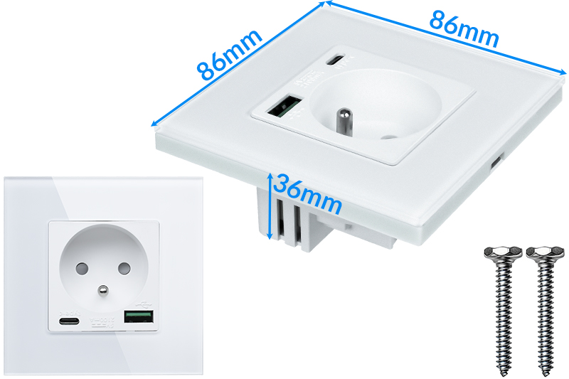 Gniazdo elektryczne szklane natynkowe 230V z 2xUSB - białe