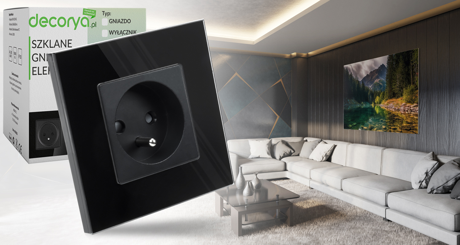 Gniazdo elektryczne szklane pojedyncze natynkowe 230V - czarne