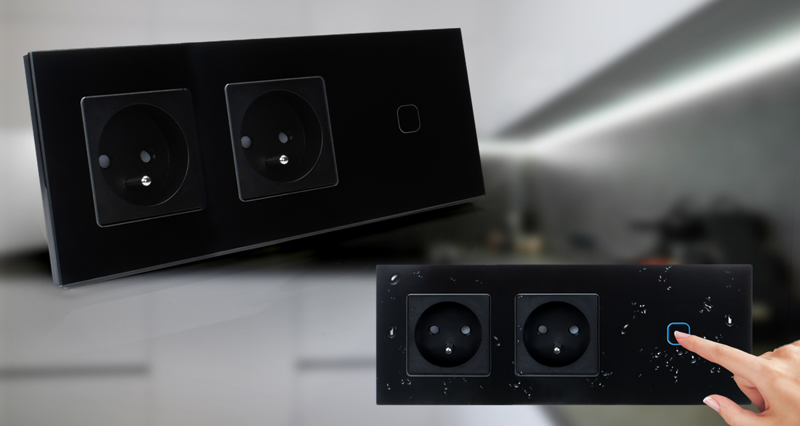 Włącznik dotykowy pojedynczy z gniazdem podwójnym 230V - czarny