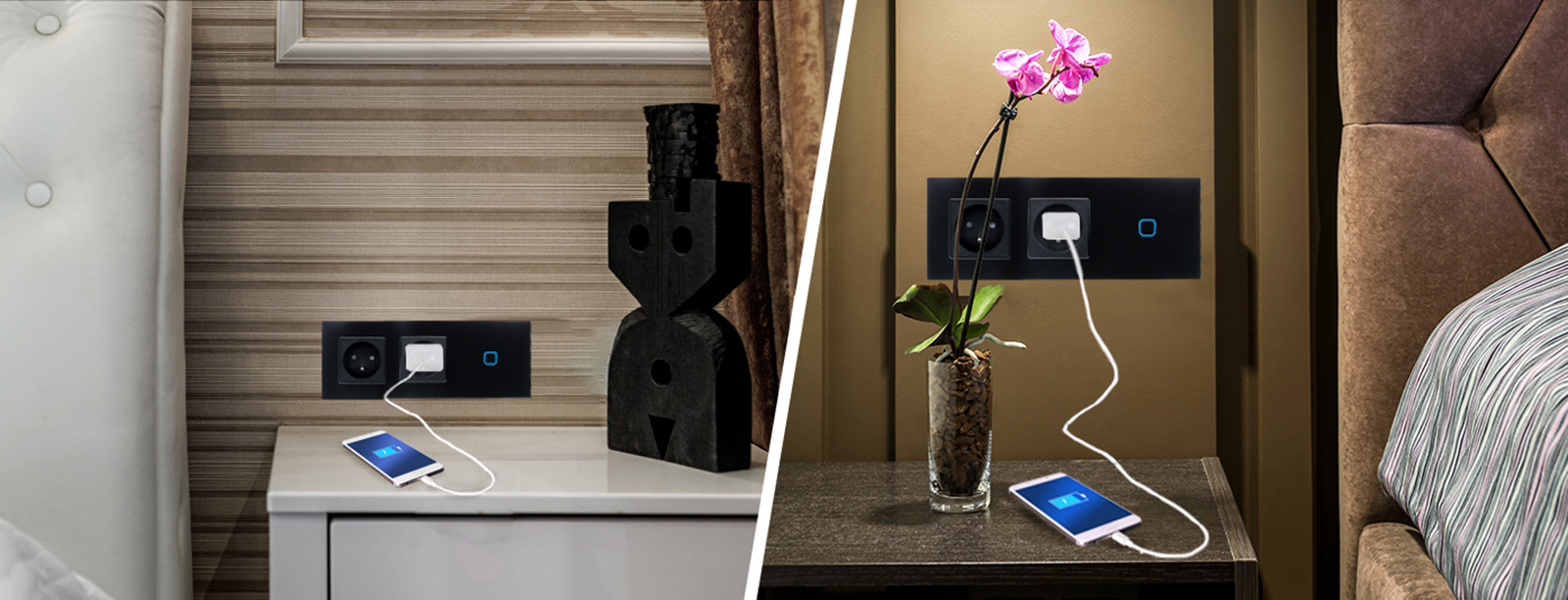 Włącznik dotykowy pojedynczy z gniazdem podwójnym 230V - czarny