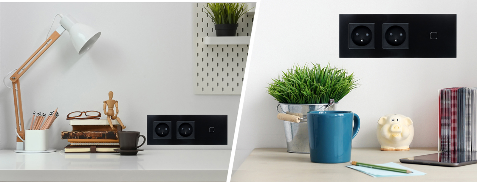 Włącznik dotykowy pojedynczy z gniazdem podwójnym 230V - czarny