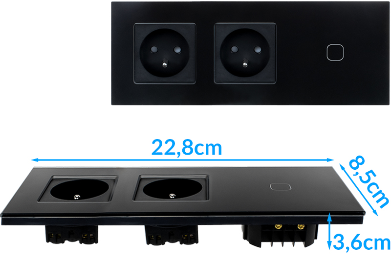 Włącznik dotykowy pojedynczy z gniazdem podwójnym 230V - czarny