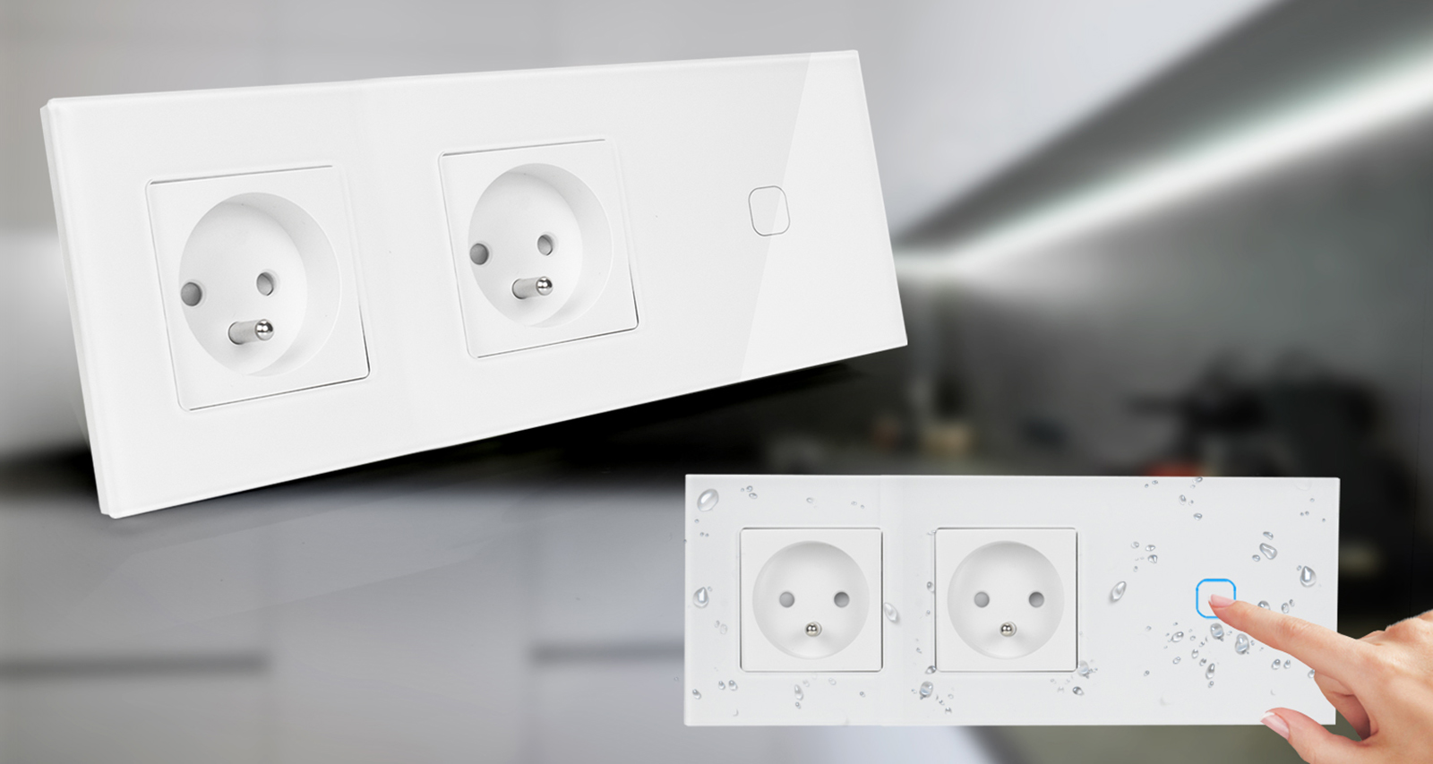 Włącznik dotykowy pojedynczy z gniazdem podwójnym 230V - biały
