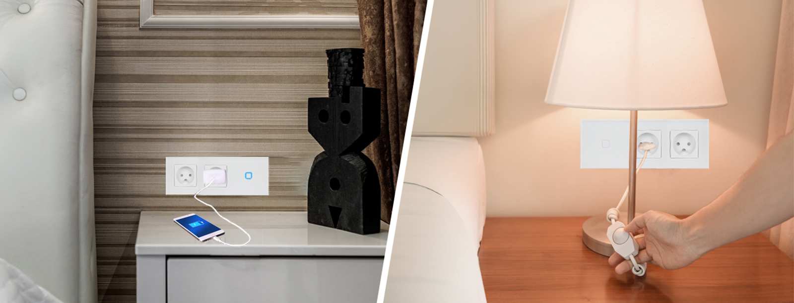 Włącznik dotykowy pojedynczy z gniazdem podwójnym 230V - biały