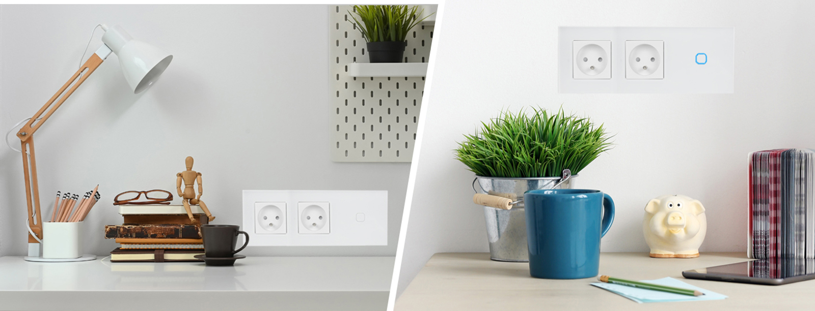 Włącznik dotykowy pojedynczy z gniazdem podwójnym 230V - biały