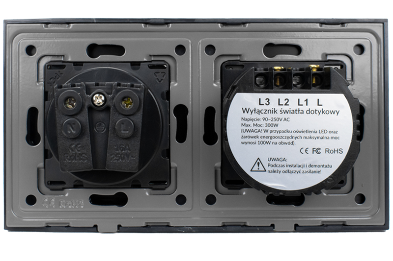 Włącznik dotykowy pojedynczy z gniazdem 230V 1+1 - czarny