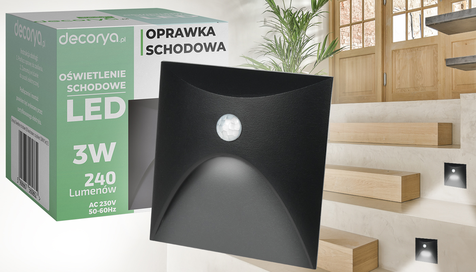 Oprawa schodowa LED Q13 z czujnikiem ruchu i zmierzchu - czarna aluminiowa