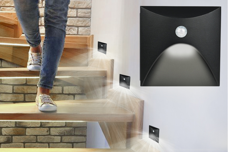 Oprawa schodowa LED Q13 z czujnikiem ruchu i zmierzchu - czarna aluminiowa