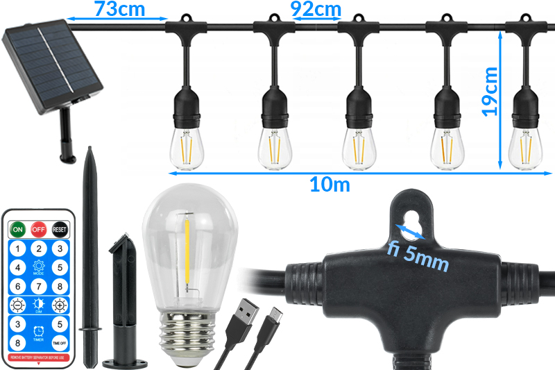 Girlanda solarna wodoodporna IP65 zewnętrzna z żarówkami E27 barwa ciepła