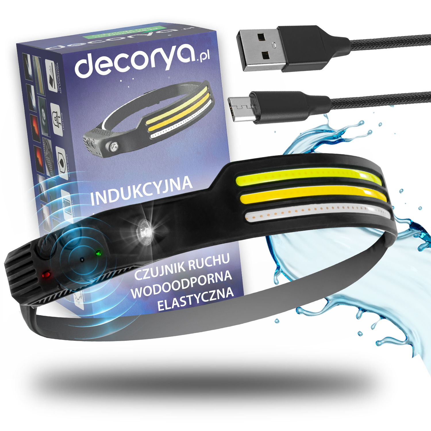 DecHLFlex02_min01 Latarka na głowę czołówka LED Decorya TripleFlex USBC wodoodporna z czujnikiem